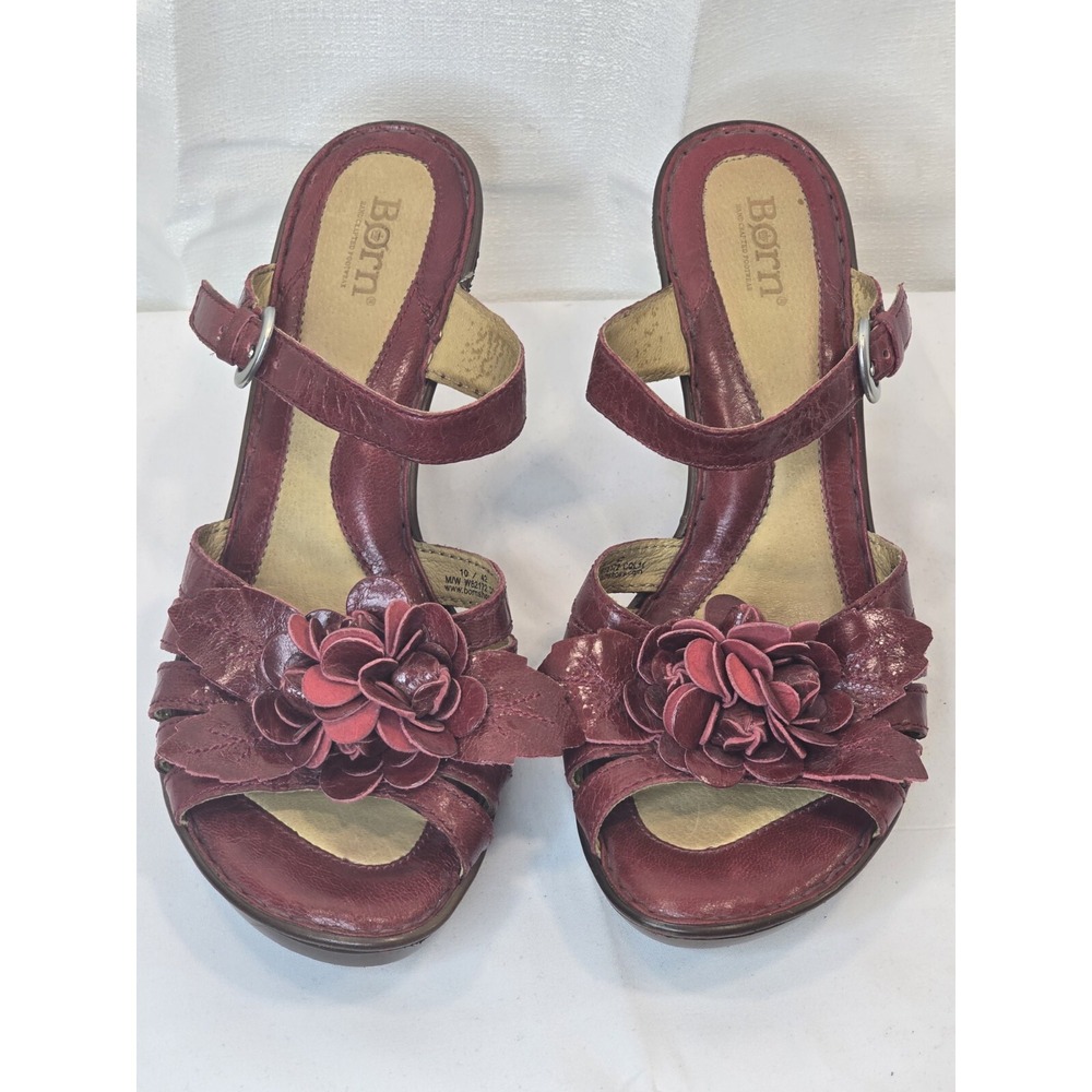 Born Sandal Womens 10M Red Floral Slip On Peep Toe Heeled Leather Casual Rosso